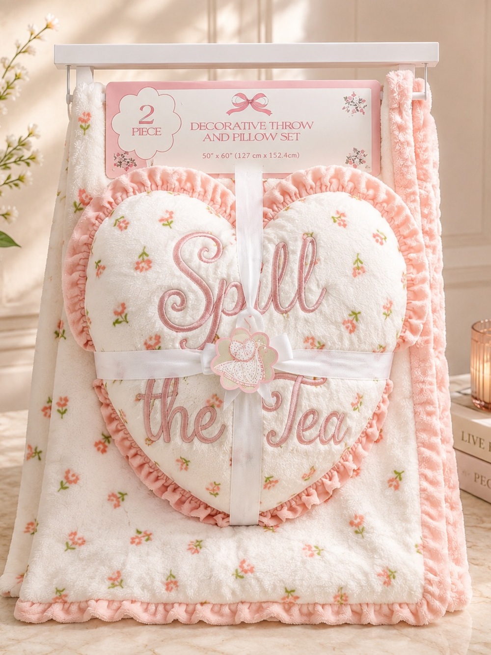 Heart Pillow & Throw Set - Pink Floral "Spill the Tea"